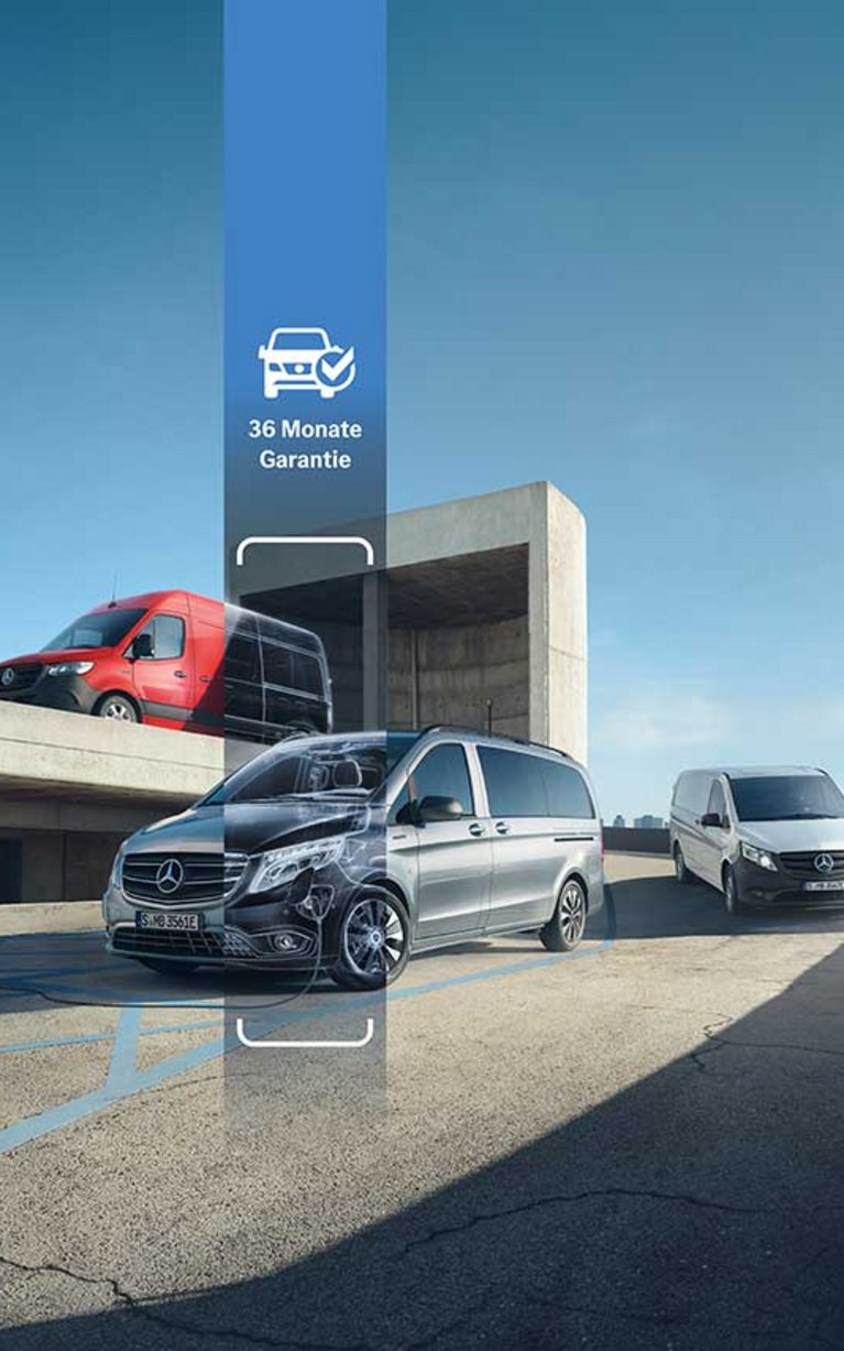 Mercedes-Benz Transporter aus dem Junge Sterne Programm vor modernem Gebäudekomplex. Die Fahrzeuge stehen auf einem Parkplatz im Sonnenlicht und symbolisieren geprüfte Gebrauchtwagenqualität mit 36 Monaten Fahrzeuggarantie bei S&G.