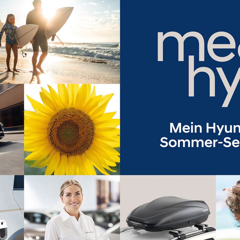 Collage zum Hyundai Sommer-Service mit Urlaubsszenen, Fahrzeugdetails, Zubehör und dem Slogan "me & hyu – Mein Hyundai Sommer-Service