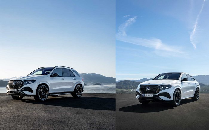 Zwei Ansichten der neuen Mercedes-Benz GLE Modelle 2026: links der GLE SUV, rechts das GLE Coupé, jeweils in Weiß vor weiter Landschaft und Bergkulisse.