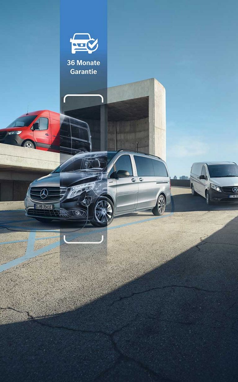Mercedes-Benz Transporter aus dem Junge Sterne Programm vor modernem Gebäudekomplex. Die Fahrzeuge stehen auf einem Parkplatz im Sonnenlicht und symbolisieren geprüfte Gebrauchtwagenqualität mit 36 Monaten Fahrzeuggarantie bei S&G.
