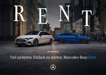 Titelbild der Mercedes-Benz Rent Broschüre mit zwei Mercedes-Benz Fahrzeugen vor einer modernen Gebäudekulisse.