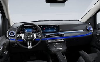 Moderner Innenraum des Mercedes-Benz Marco Polo mit digitalem Cockpit, Ambientebeleuchtung und komfortablem Cockpit-Design – Campervan bei S&G mieten.